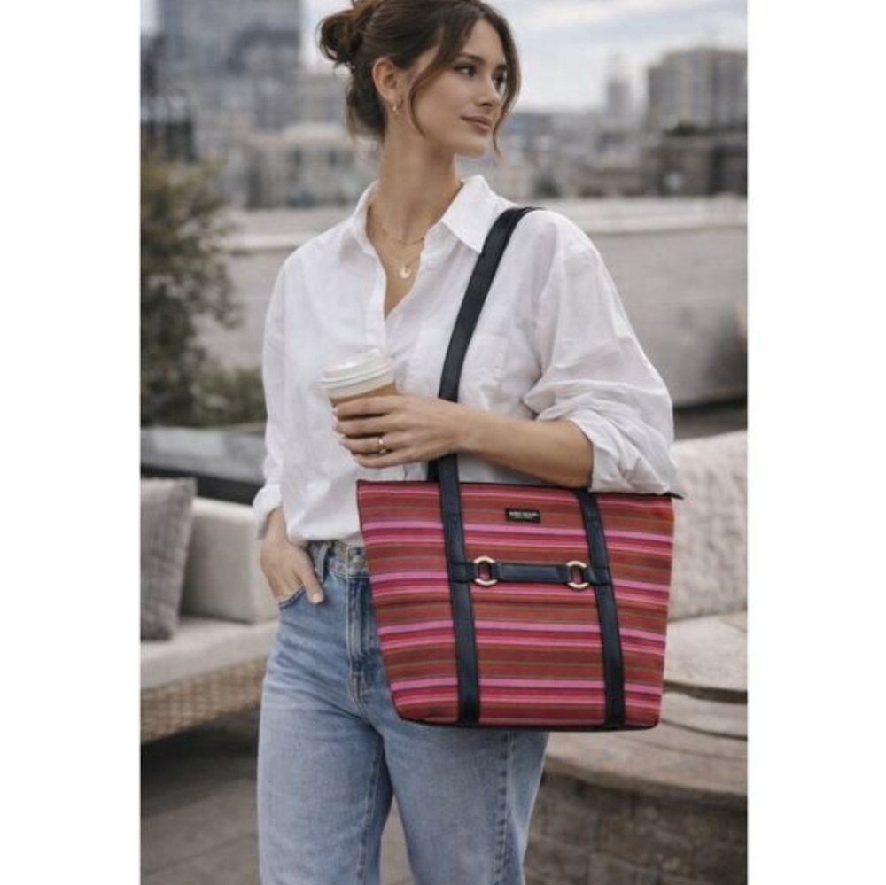 Kate Spade NY Striped Canvas Tote Bag Pink Red Black Leather Trim Zip Top